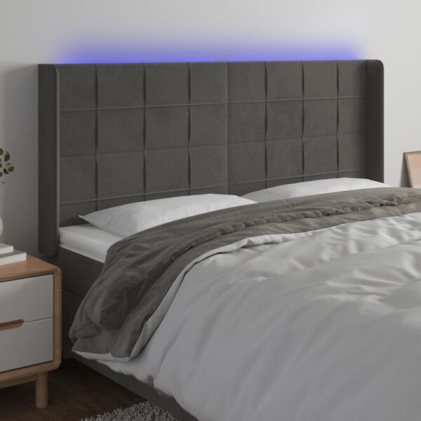 vidaXL Čelo postele s LED tmavě &scaron;ed&eacute; 203 x 16 x 118/128 cm samet
