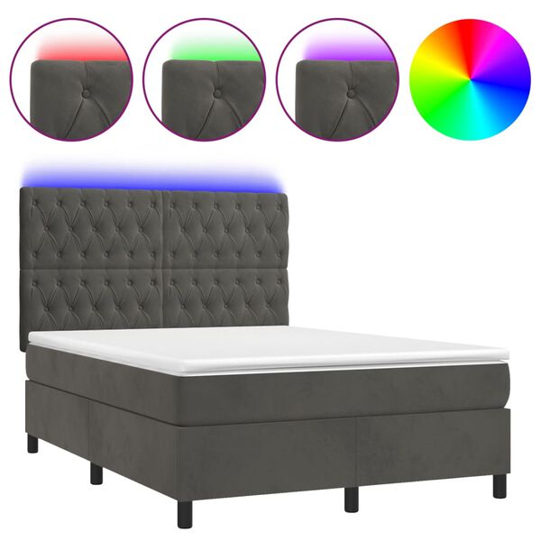 vidaXL Box spring postel s matrac&iacute; a LED tmavě &scaron;ed&aacute; 140x190 cm samet