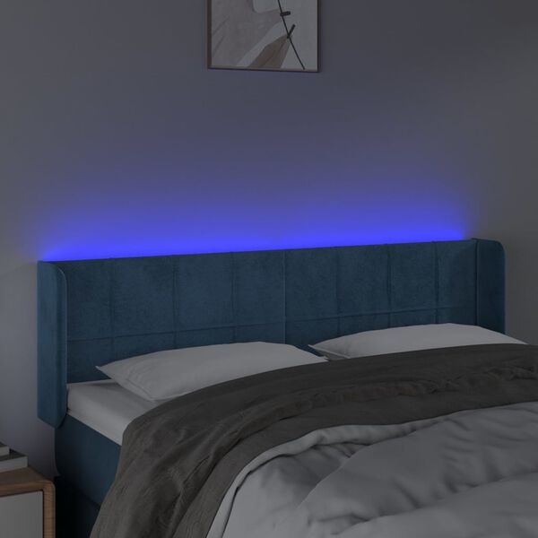 vidaXL Čelo postele s LED tmavě modr&eacute; 147 x 16 x 78/88 cm samet