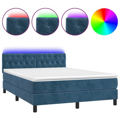 vidaXL Box spring postel s matrací a LED tmavě modrá 140x200 cm samet