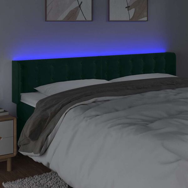 vidaXL Čelo postele s LED tmavě zelen&eacute; 203 x 16 x 78/88 cm samet