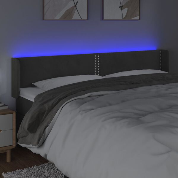 vidaXL Čelo postele s LED tmavě &scaron;ed&eacute; 183 x 16 x 78/88 cm samet