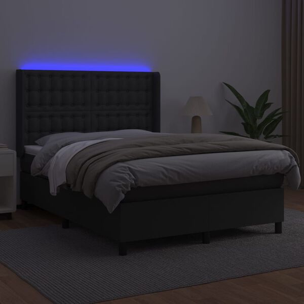 vidaXL Box spring postel s matrac&iacute; a LED čern&aacute; 140 x 190 cm uměl&aacute; kůže