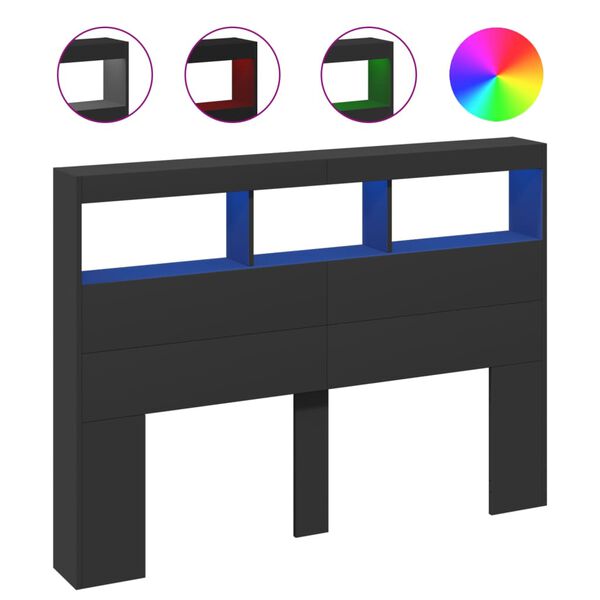 vidaXL Čelo postele s úložným prostorem a LED černé 140 x 17 x 102 cm