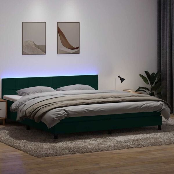 vidaXL Box spring postel s matrac&iacute; a LED tmavě zelen&aacute; 180x220 cm samet