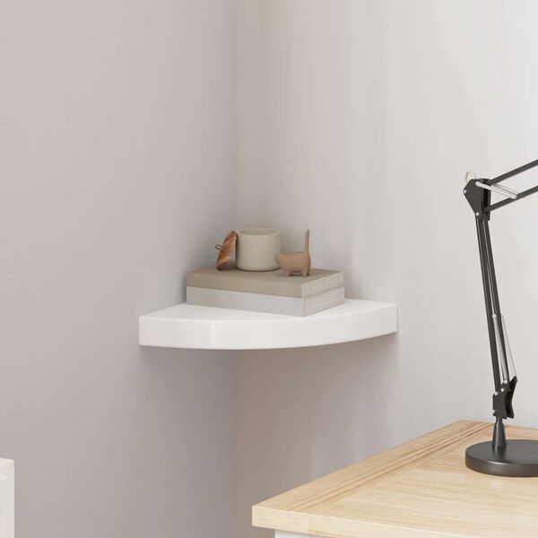 vidaXL Plovouc&iacute; rohov&aacute; police s vysok&yacute;m leskem b&iacute;l&aacute; 25x25x3,8 cm MDF