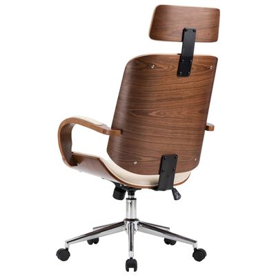 Otočná kancelářská židle opěrka hlavy krémová umělá kůže ohýbané dřevo
