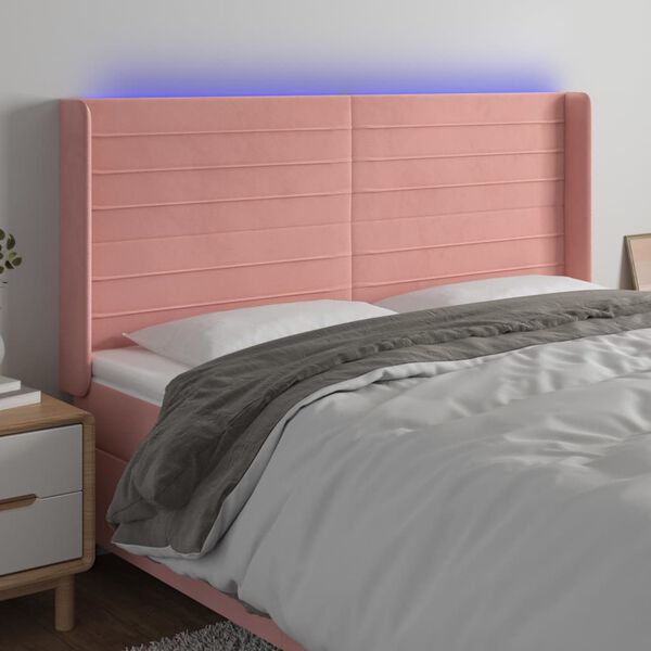 vidaXL Čelo postele s LED růžov&eacute; 203 x 16 x 118/128 cm samet