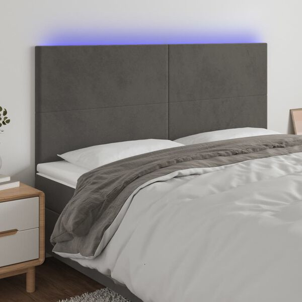 vidaXL Čelo postele s LED tmavě &scaron;ed&eacute; 160x5x118/128 cm samet