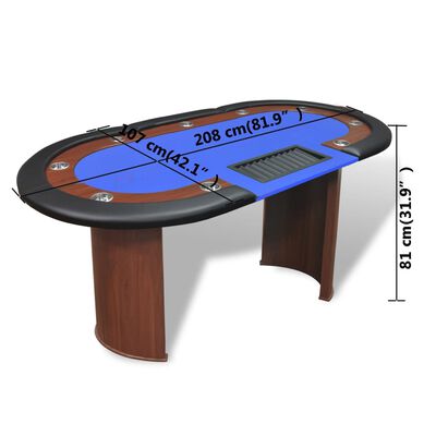 Pokerový stůl pro 10 hráčů, zóna pro dealera + držák na žetony, modrý