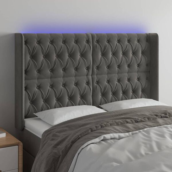 vidaXL Čelo postele s LED tmavě &scaron;ed&eacute; 163 x 16 x 118/128 cm samet