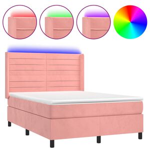 vidaXL Box spring postel s matrac&iacute; a LED růžov&aacute; 140x190 cm samet