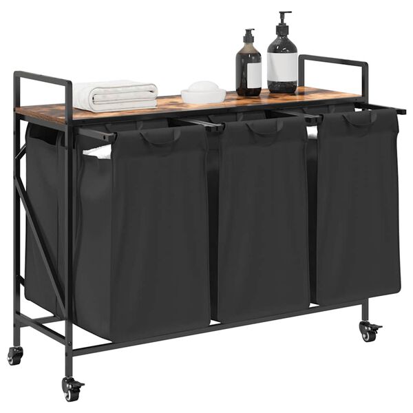 vidaXL Koš na prádlo se 3 přihrádkami a kolečky kouřový dub