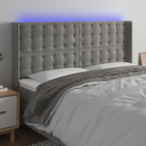 vidaXL Čelo postele s LED světle &scaron;ed&eacute; 183 x 16 x 118/128 cm samet