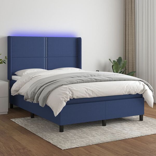 vidaXL Box spring postel s matrac&iacute; a LED modr&aacute; 140x190 cm textil