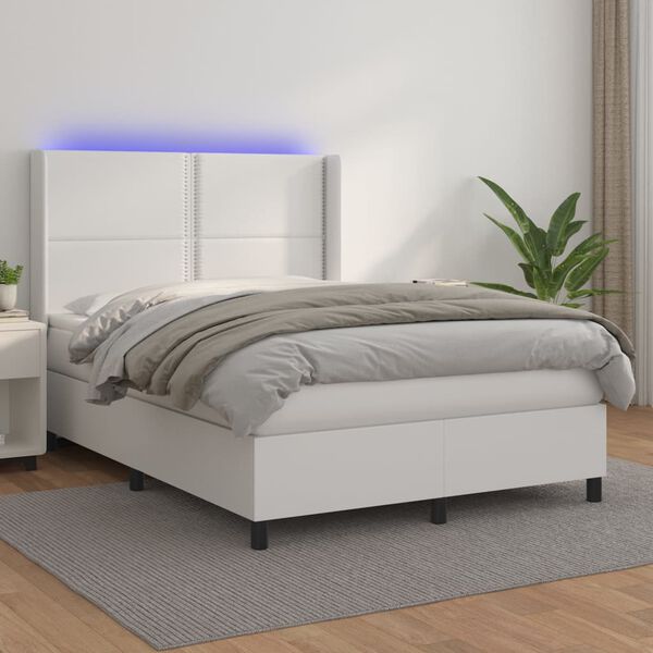 vidaXL Box spring postel s matrac&iacute; a LED b&iacute;l&aacute; 140x190 cm uměl&aacute; kůže