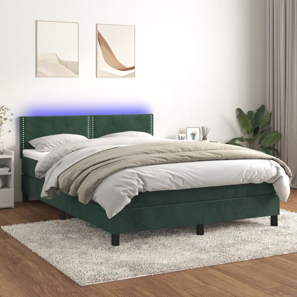 vidaXL Box spring postel s matrac&iacute; a LED tmavě zelen&aacute; 140x190 cm samet