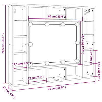 vidaXL Zrcadlová skříňka s LED hnědý dub 91 x 15 x 76,5 cm