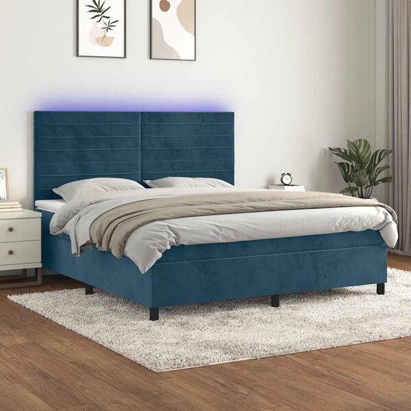 vidaXL Box spring postel s matrac&iacute; a LED tmavě modr&aacute; 160x200 cm samet