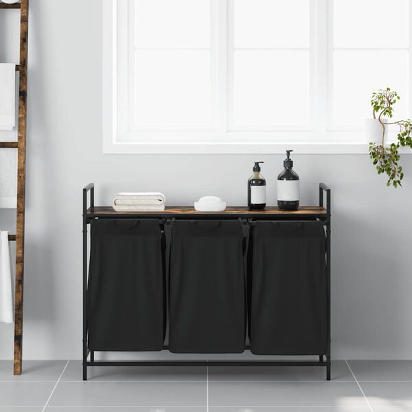 vidaXL Koš na prádlo se 3 přihrádkami a policí kouřový dub