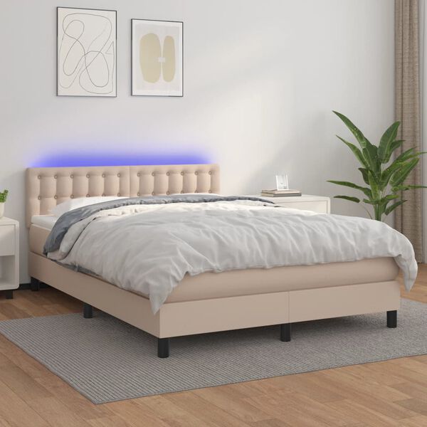 vidaXL Box spring postel matrace a LED cappuccino 140x190cm uměl&aacute; kůže
