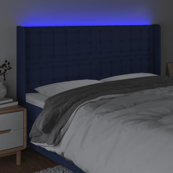 vidaXL Čelo postele s LED modr&eacute; 203 x 16 x 118/128 cm textil