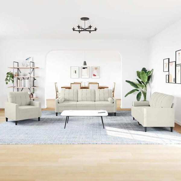 vidaXL 3dílná sedací souprava s poduškami a podhlavníky krémová samet