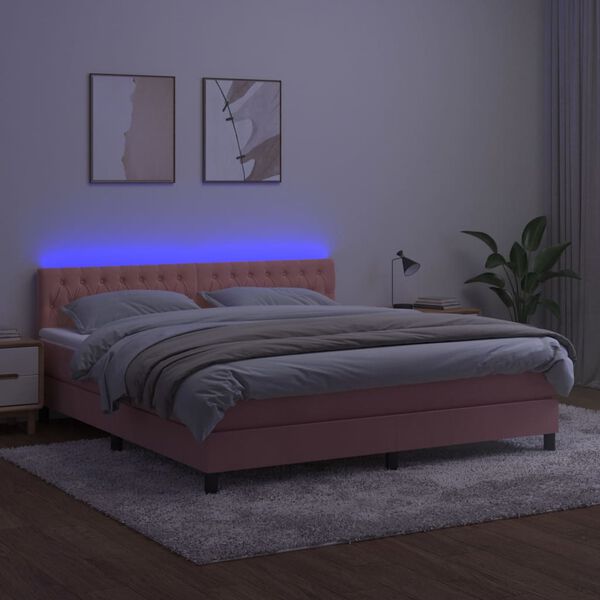 vidaXL Box spring postel s matrac&iacute; a LED růžov&aacute; 160x200 cm samet