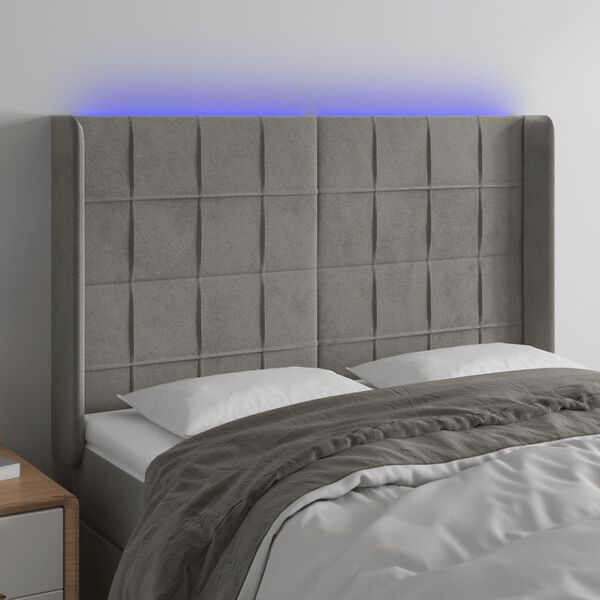 vidaXL Čelo postele s LED světle &scaron;ed&eacute; 147x16x118/128 cm samet