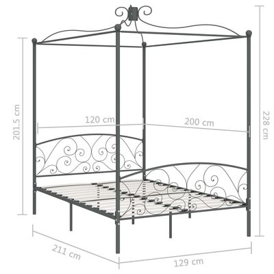 vidaXL Rám postele s nebesy šedý kovový 120 x 200 cm
