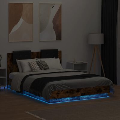 vidaXL Rám postele s čelem a LED osvětlením kouřový dub 120 x 190 cm
