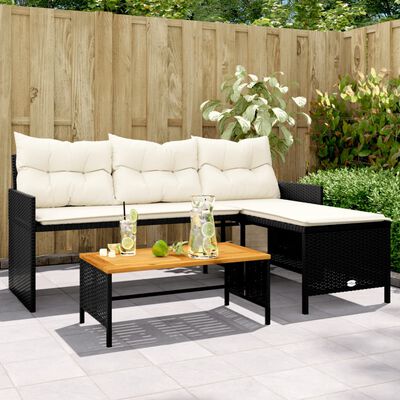 vidaXL Zahradní pohovka ve tvaru L stolek a podušky černá polyratan