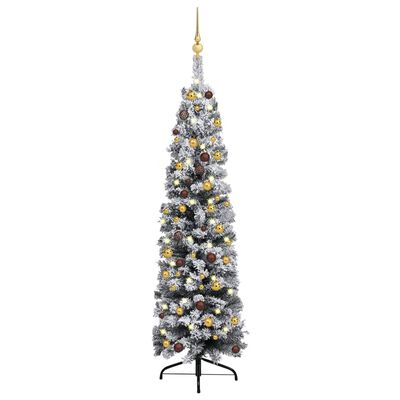 vidaXL Úzký umělý vánoční stromek s LED a sadou koulí zelený 150 cm