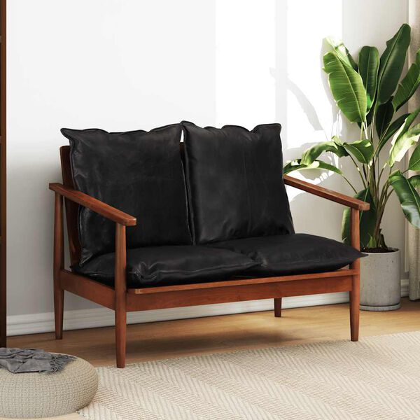 vidaXL 2místná pohovka černá pravá kůže a masivní akáciové dřevo