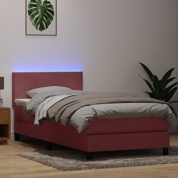 vidaXL Box spring postel s matrac&iacute; a LED růžov&aacute; 80x220 cm samet