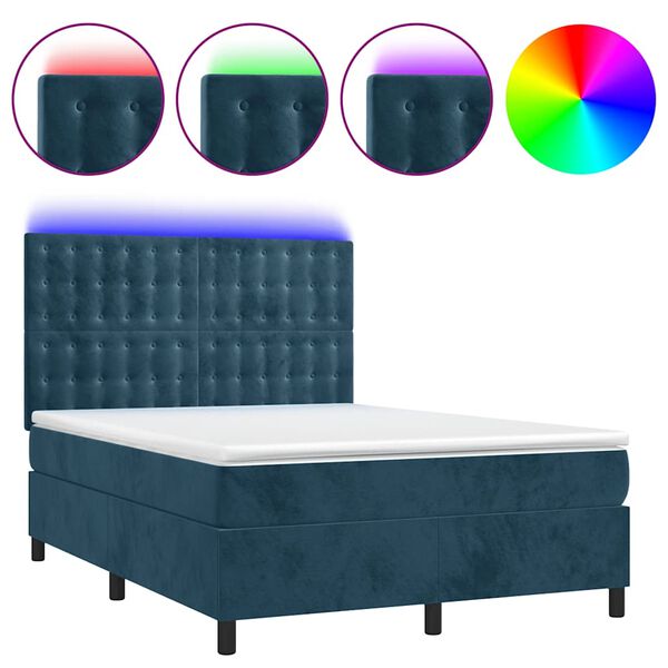 vidaXL Box spring postel s matrac&iacute; a LED tmavě modr&aacute; 140x200 cm samet