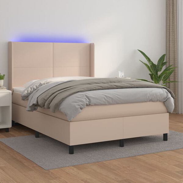 vidaXL Box spring postel matrace a LED cappuccino 140x190cm uměl&aacute; kůže