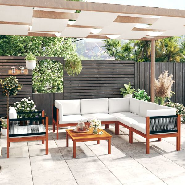 vidaXL 7dílná zahradní sedací souprava s polštáři krémové dřevo akácie a provaz