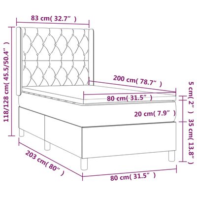 vidaXL Box spring postel s matrací a LED tmavě šedá 80 x 200 cm textil