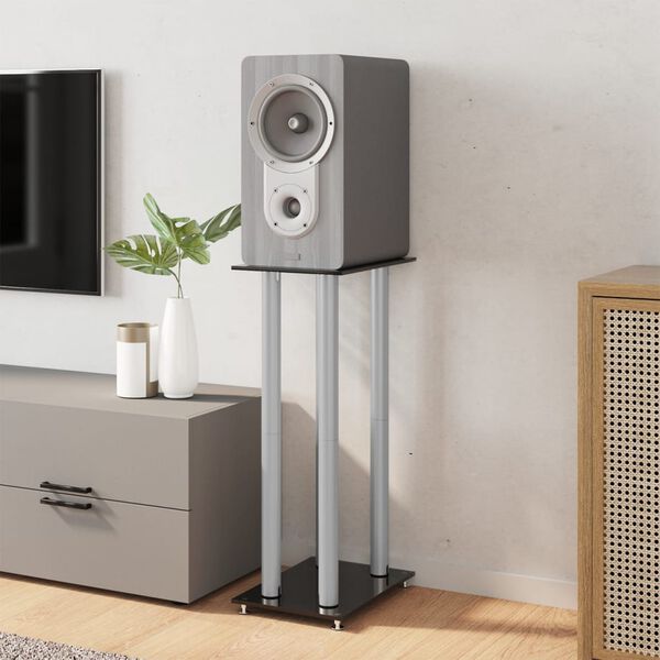 vidaXL Stojany na reproduktor 2 ks čern&eacute; a stř&iacute;brn&eacute; sklo 4 sloupky