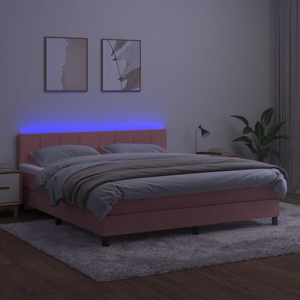 vidaXL Box spring postel s matrac&iacute; a LED růžov&aacute; 180x200 cm samet