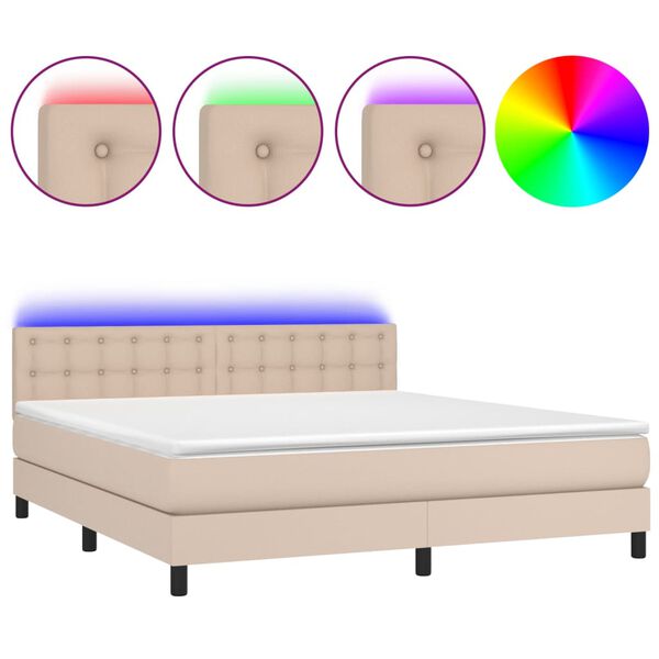 vidaXL Box spring postel matrace a LED cappuccino 180x200cm uměl&aacute; kůže