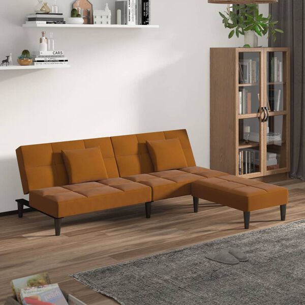 vidaXL 2m&iacute;stn&aacute; rozkl&aacute;dac&iacute; pohovka + 2 pol&scaron;t&aacute;ře a podnožka hněd&aacute; samet