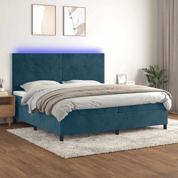 vidaXL Box spring postel s matrac&iacute; a LED tmavě modr&aacute; 200x200 cm samet