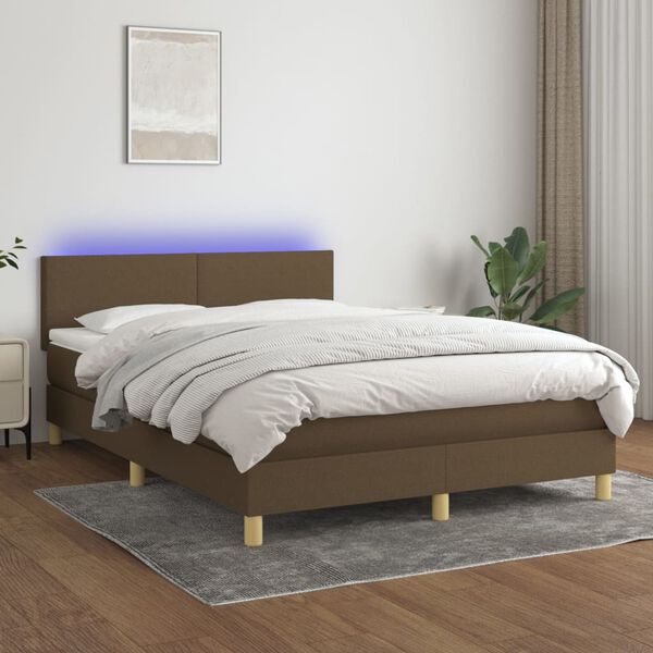 vidaXL Box spring postel s matrac&iacute; a LED tmavě hněd&aacute; 140x190 cm textil