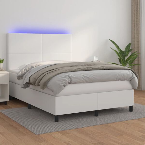 vidaXL Box spring postel s matrac&iacute; a LED b&iacute;l&aacute; 140x200 cm uměl&aacute; kůže