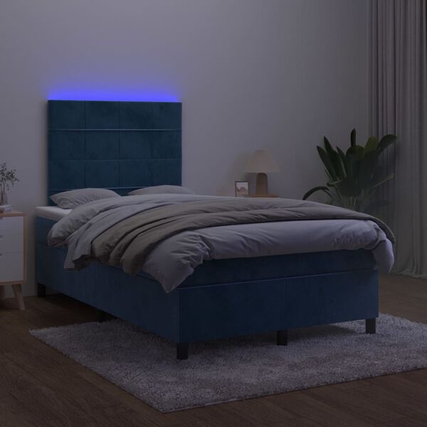 vidaXL Box spring postel s matrac&iacute; a LED tmavě modr&aacute; 120x200 cm samet