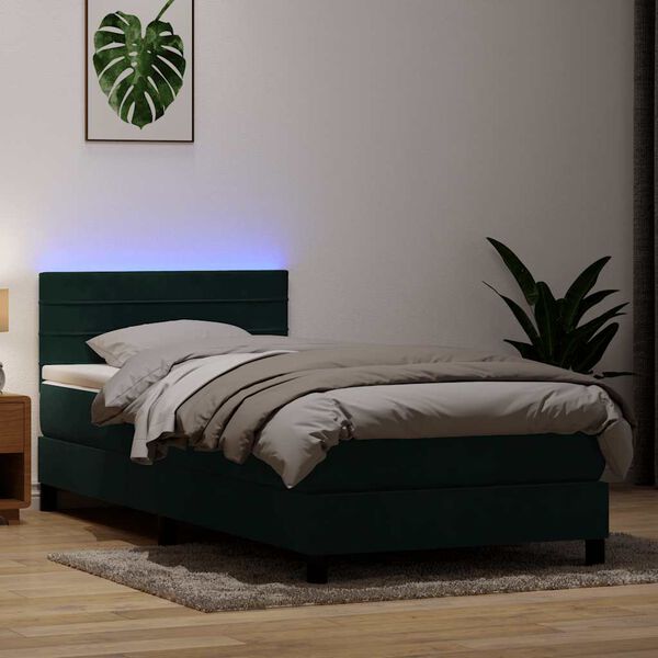 vidaXL Box spring postel s matrac&iacute; a LED tmavě zelen&aacute; 90x210 cm samet