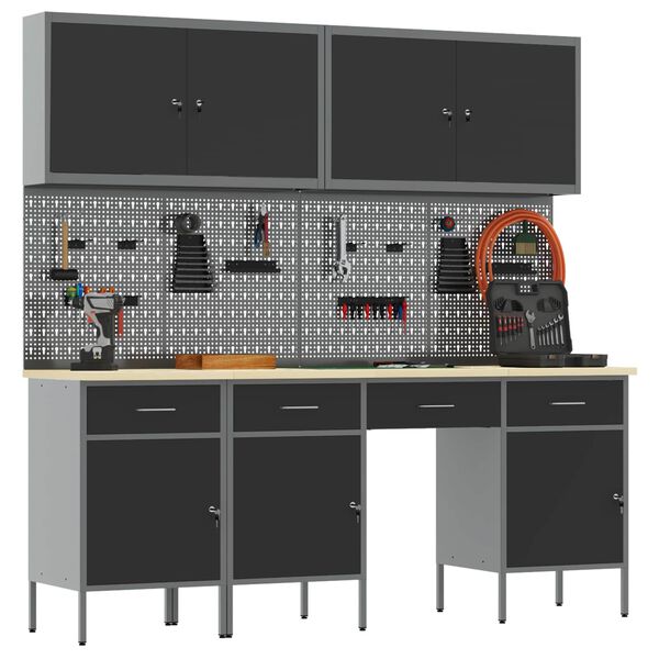 vidaXL Pracovn&iacute; skř&iacute;ň se z&aacute;suvkou 10 pcs Čern&aacute; Inžen&yacute;rsk&eacute; dřevo a ocel