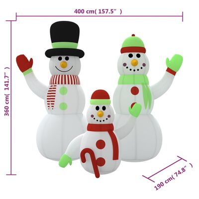 vidaXL Nafukovací rodinka sněhuláků s LED diodami 360 cm